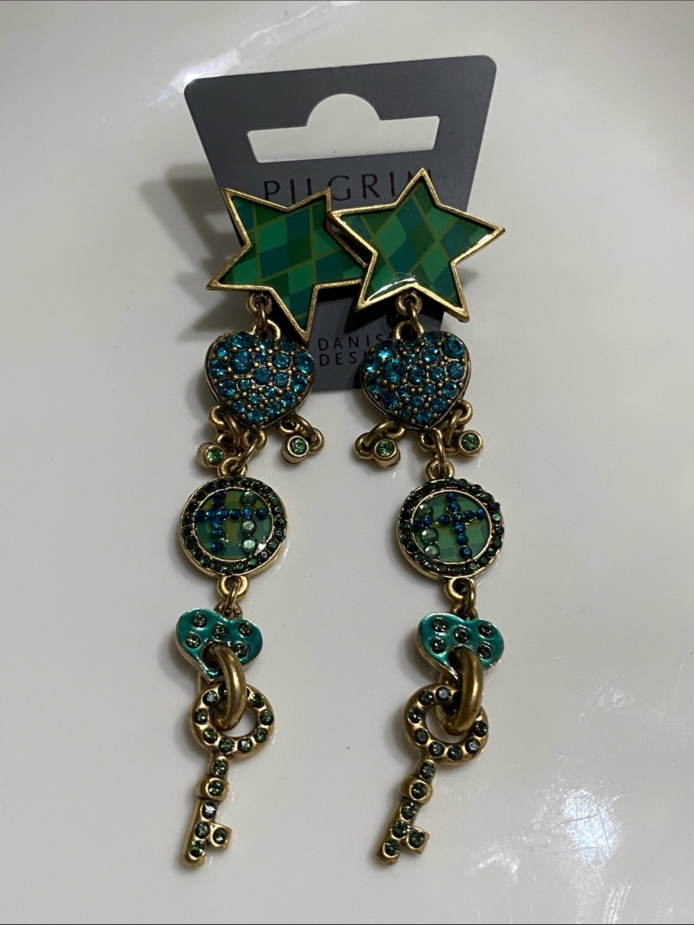 Pilgrim Green Star & Key Swarovski Crystal Earrings